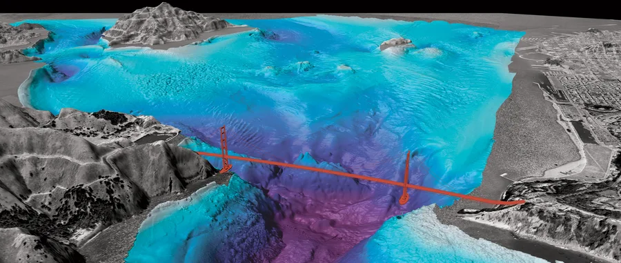 Visualisasi batimetri multibeam yang menunjukkan sand wave besar di dasar laut pada mulut Teluk San Francisco