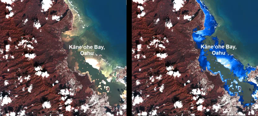 Perbandingan berdampingan citra satelit DigitalGlobe WorldView Teluk Kaneohe, Oahu, dengan estimasi batimetri turunan satelit yang dihasilkan darinya