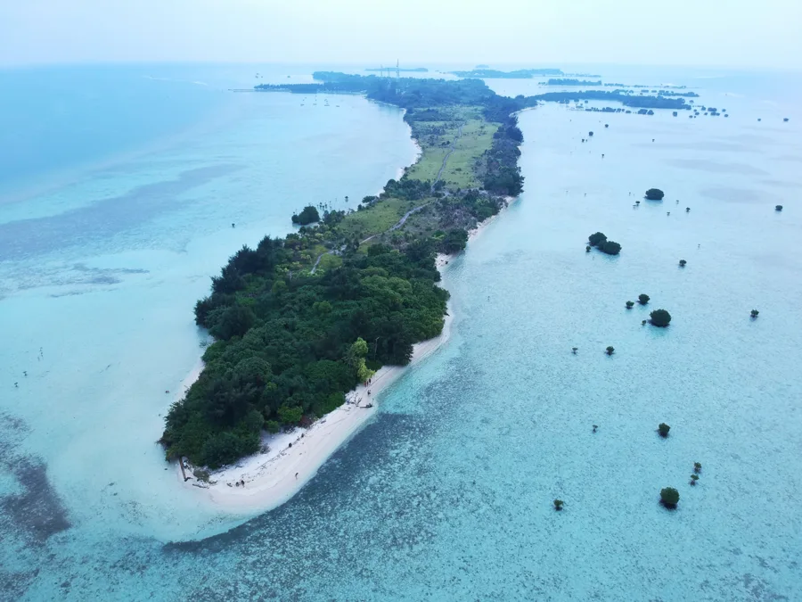 Aerial view of Pari Island in the Kepulauan Seribu (Thousand Islands) archipelago, Indonesia