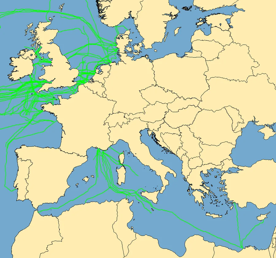 Peta yang menunjukkan rute kabel telekomunikasi bawah laut di perairan Eropa termasuk Laut Mediterania, Selat Inggris, dan Laut Utara
